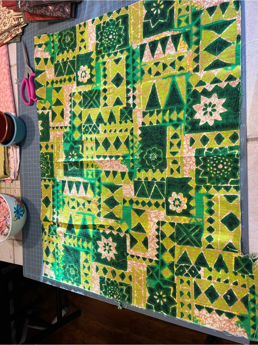 Green Abstract MCM vintage Bark Cloth  Fabric  21x26 +